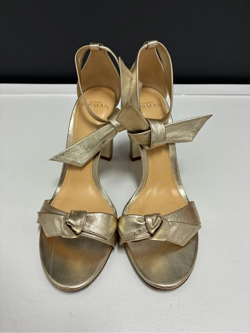 Alexandre Birman Metallic Gold Knot Block-Heel Sandals